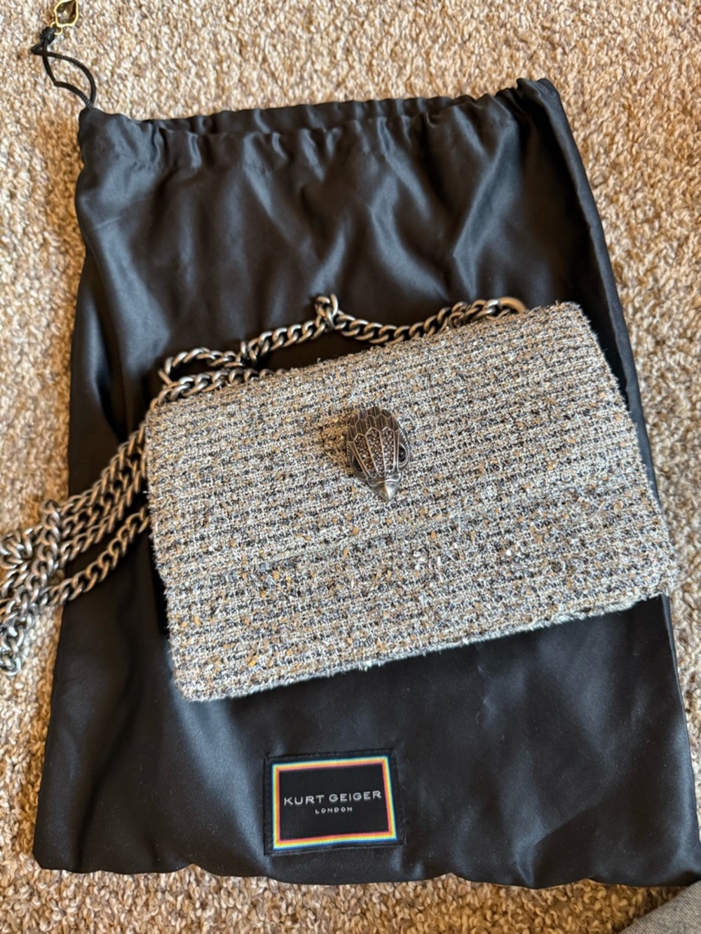 Kurt Geiger Silver Tweed Chain Crossbody Bag